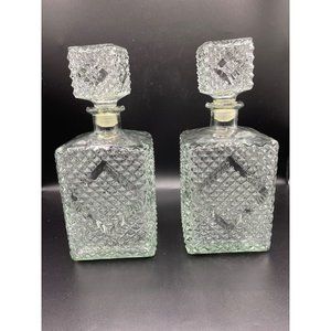2 Vintage Diamond Point Decanters MCM Square with Stoppers 9 1/2" Tall